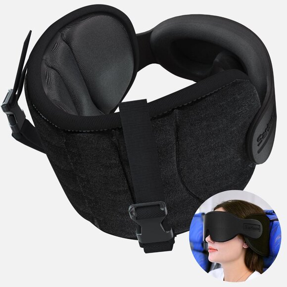 New SARISUN Travel Pillow for Airplane and Long Flights.  Head strap w/Eye Mask - Picture 1 of 1